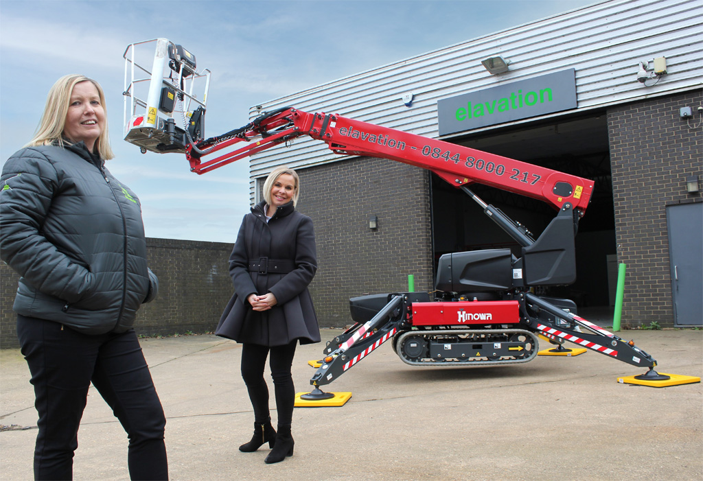 Leading a sustainability revolution – Mandy McClements-John, from Elavation, left, and Linda Betts, from APS, with the new Hinowa TeleCrawler13 tracked spider platform