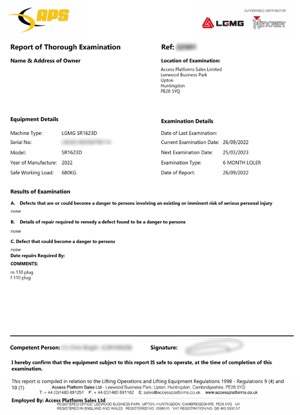 LOLER Test inspection certificate